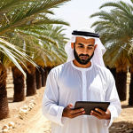 **

*   **Prompt:** A proud Arab farmer stands in their thriving date palm orchard, using a tablet to monitor irrigation levels. Traditional meets modern farming in the Middle East. Subtle, sun-drenched lighting, focus on dates.

**
