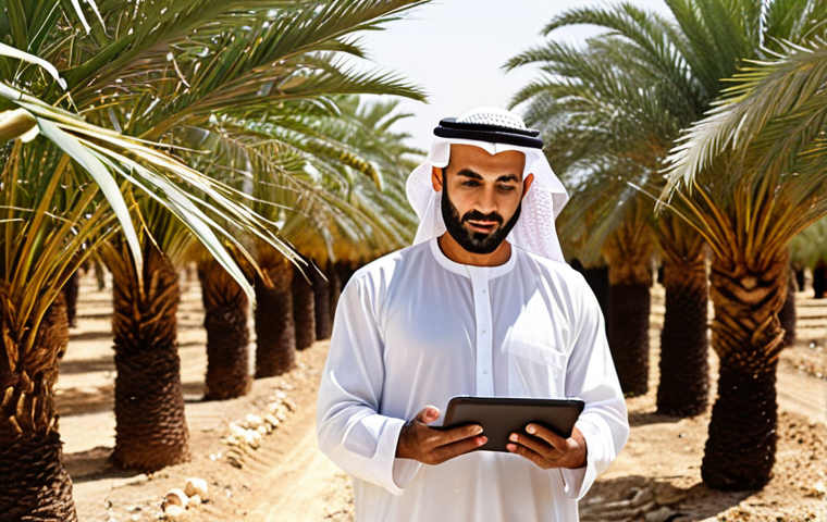 **

*   **Prompt:** A proud Arab farmer stands in their thriving date palm orchard, using a tablet to monitor irrigation levels. Traditional meets modern farming in the Middle East. Subtle, sun-drenched lighting, focus on dates.

**