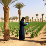 **

A modern farm in the Saudi Arabian desert. Focus on advanced irrigation techniques and healthy date palm trees. In the foreground, a farm manager (male, Arab appearance) is inspecting the crops, using a tablet. Show a blend of traditional agriculture with modern technology. The overall tone should be optimistic and showcase the potential of farming in the Middle East. Include the text "Farm Management Certificate: Your Golden Opportunity" overlaid subtly on the image.
**