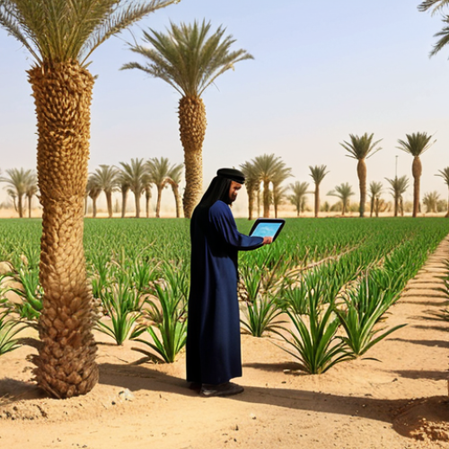 Home 22 **
A modern farm in the Saudi Arabian desert. Focus on advanced irrigation techniques and healthy date palm trees. In the foreground, a farm manager (male, Arab appearance) is inspecting the crops, using a tablet. Show a blend of traditional agriculture with modern technology. The overall tone should be optimistic and showcase the potential of farming in the Middle East. Include the text "Farm Management Certificate: Your Golden Opportunity" overlaid subtly on the image.
**