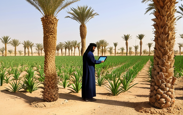 **

A modern farm in the Saudi Arabian desert. Focus on advanced irrigation techniques and healthy date palm trees. In the foreground, a farm manager (male, Arab appearance) is inspecting the crops, using a tablet. Show a blend of traditional agriculture with modern technology. The overall tone should be optimistic and showcase the potential of farming in the Middle East. Include the text "Farm Management Certificate: Your Golden Opportunity" overlaid subtly on the image.
**