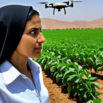 **Image Prompt 1:** A confident Arab agricultural project manager, a man or a woman, standing in a dynamic modern farm setting. They are surrounded by lush green crops, with elements of advanced technology subtly integrated: a drone hovering overhead, a holographic interface displaying AI-driven data, and smart irrigation systems in the background. The manager's expression is thoughtful and strategic, gazing towards a challenging yet promising horizon, symbolizing innovative solutions for food security and sustainability in an arid region. The lighting is bright and optimistic, showcasing a blend of traditional wisdom and cutting-edge tech.