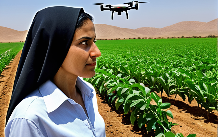 **Image Prompt 1:** A confident Arab agricultural project manager, a man or a woman, standing in a dynamic modern farm setting. They are surrounded by lush green crops, with elements of advanced technology subtly integrated: a drone hovering overhead, a holographic interface displaying AI-driven data, and smart irrigation systems in the background. The manager's expression is thoughtful and strategic, gazing towards a challenging yet promising horizon, symbolizing innovative solutions for food security and sustainability in an arid region. The lighting is bright and optimistic, showcasing a blend of traditional wisdom and cutting-edge tech.