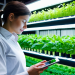 A focused female agricultural management expert in a modern, smart indoor vertical farm. She is professionally dressed in a modest, practical work shirt and trousers, reviewing data on a transparent tablet. Lush green plants are visible in vertical stacks behind her, illuminated by soft LED grow lights, showcasing efficient use of space. The scene emphasizes innovation and technology in agriculture. Perfect anatomy, correct proportions, natural pose, well-formed hands, proper finger count, natural body proportions, professional photography, high resolution, soft lighting, vibrant colors. safe for work, appropriate content, fully clothed, professional.