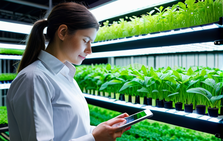 A focused female agricultural management expert in a modern, smart indoor vertical farm. She is professionally dressed in a modest, practical work shirt and trousers, reviewing data on a transparent tablet. Lush green plants are visible in vertical stacks behind her, illuminated by soft LED grow lights, showcasing efficient use of space. The scene emphasizes innovation and technology in agriculture. Perfect anatomy, correct proportions, natural pose, well-formed hands, proper finger count, natural body proportions, professional photography, high resolution, soft lighting, vibrant colors. safe for work, appropriate content, fully clothed, professional.