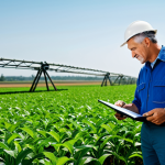 농업경영사 실무와 팀워크 중요성 - **Prompt:** A fully clothed, professional agricultural engineer inspecting a field with smart irriga...