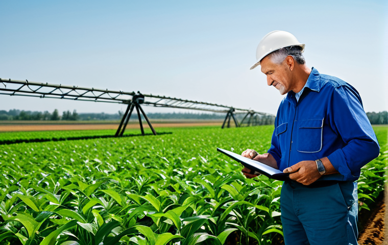 농업경영사 실무와 팀워크 중요성 - **Prompt:** A fully clothed, professional agricultural engineer inspecting a field with smart irriga...