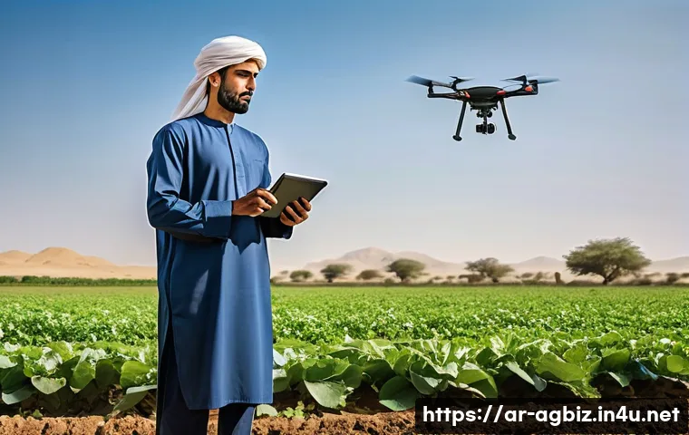 농업경영사 자격증으로 농업 관련 창업하기 - **Prompt:** A modern Arab farmer, wearing a clean, traditional thobe and ghutra, stands confidently ...