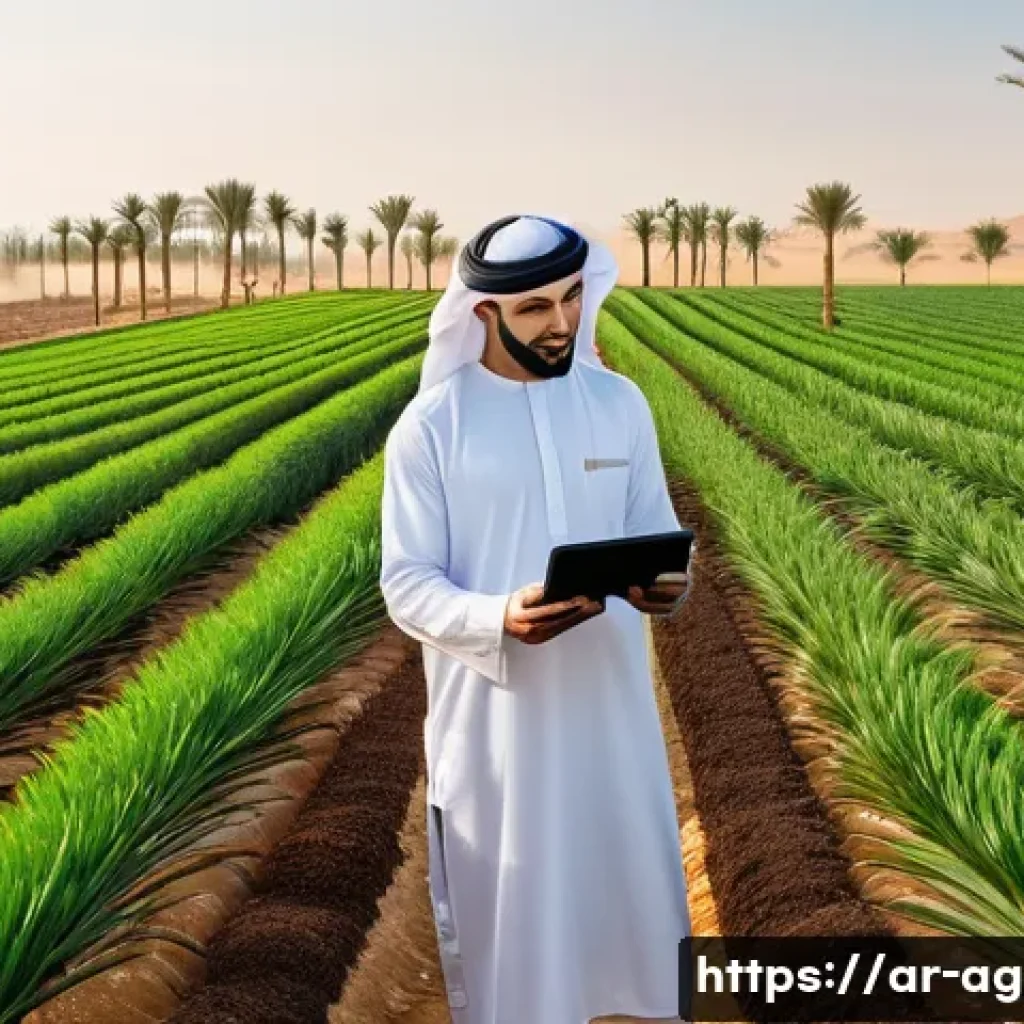 농업경영사 직무의 핵심 가치 - A detailed scene of a modern Arabic farm in the Middle East during early morning light, showcasing a...