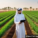 농업경영사 직무의 핵심 가치 - A detailed scene of a modern Arabic farm in the Middle East during early morning light, showcasing a...