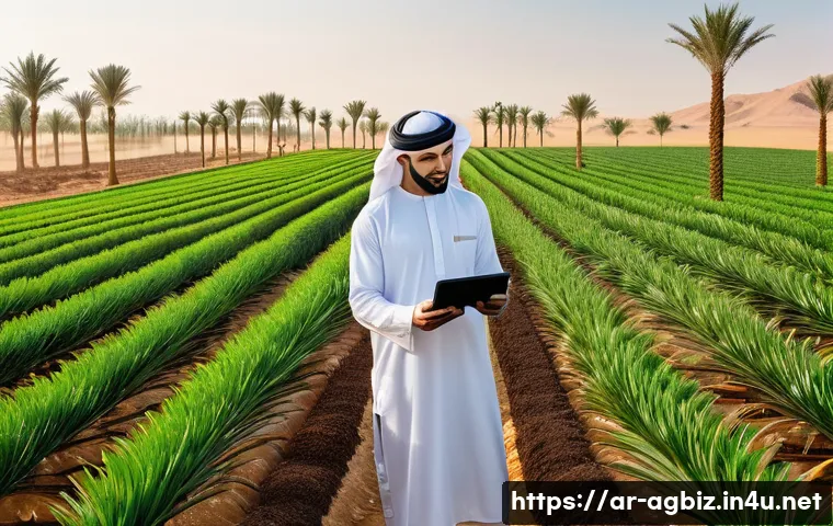 농업경영사 직무의 핵심 가치 - A detailed scene of a modern Arabic farm in the Middle East during early morning light, showcasing a...