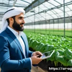 농업경영사 자격증 취득 후 연봉 인상 사례 - A confident Middle Eastern agricultural business manager standing in a modern greenhouse filled with...