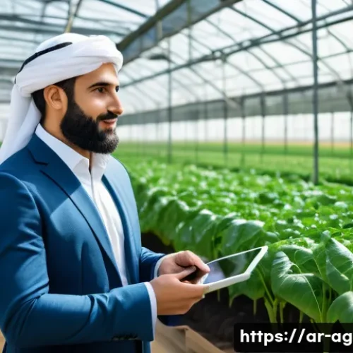 농업경영사 자격증 취득 후 연봉 인상 사례 - A confident Middle Eastern agricultural business manager standing in a modern greenhouse filled with...