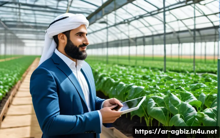 농업경영사 자격증 취득 후 연봉 인상 사례 - A confident Middle Eastern agricultural business manager standing in a modern greenhouse filled with...