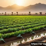 농업경영사 실무 필수 장비 - A modern Middle Eastern farm scene at sunrise featuring advanced smart drip irrigation systems insta...