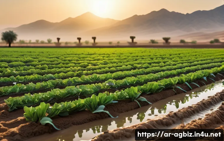 농업경영사 실무 필수 장비 - A modern Middle Eastern farm scene at sunrise featuring advanced smart drip irrigation systems insta...
