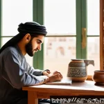 농업경영사 시험 스케줄 관리법 - A focused young Arab student studying agricultural management in a modern, sunlit room decorated wit...
