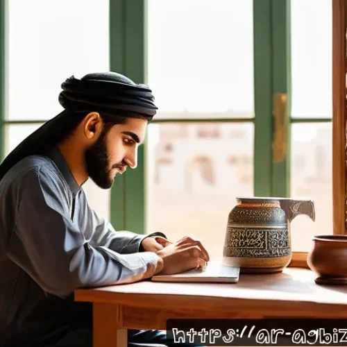 농업경영사 시험 스케줄 관리법 - A focused young Arab student studying agricultural management in a modern, sunlit room decorated wit...