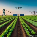 농업경영사와 스마트 농업의 접점 - A modern Middle Eastern farm field at sunrise, equipped with advanced smart irrigation systems power...