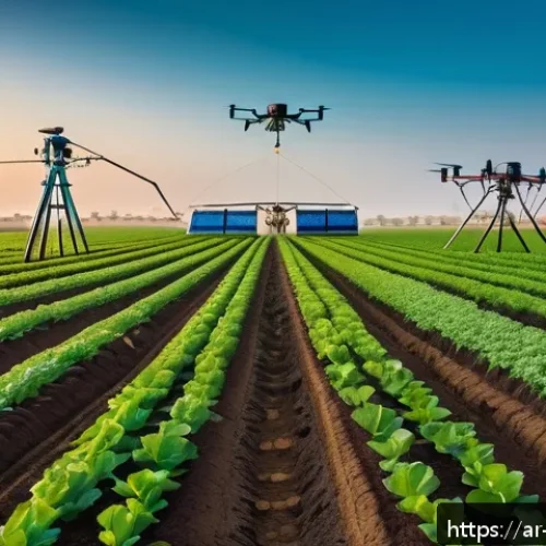 농업경영사와 스마트 농업의 접점 - A modern Middle Eastern farm field at sunrise, equipped with advanced smart irrigation systems power...
