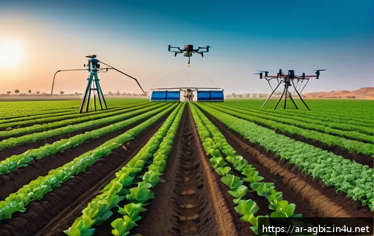 농업경영사와 스마트 농업의 접점 - A modern Middle Eastern farm field at sunrise, equipped with advanced smart irrigation systems power...