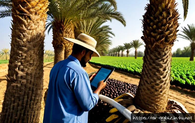 농업경영사 실무 적용 사례 - Photorealistic agricultural management case study scene in a sunlit date palm farm in an Arab rural ...